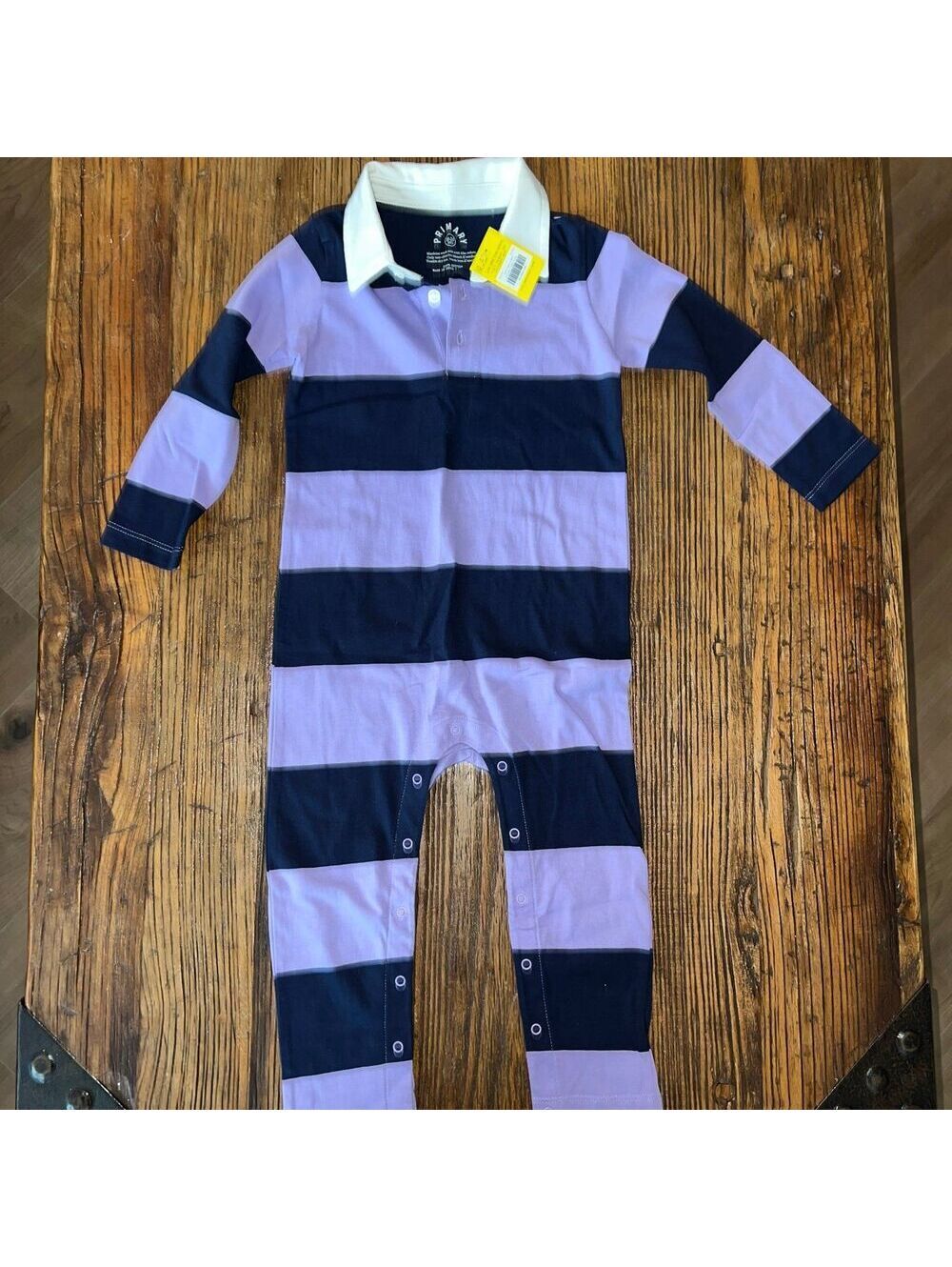 NWT Primary Baby Rugby Romper 18-24 iris/navy rugby stripe